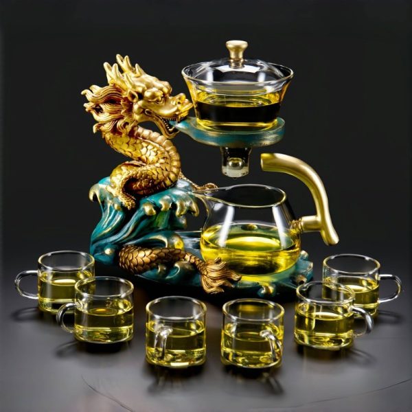 Creative Golden Dragon Green Flame Lazy Semi Auto Glass Tea Set