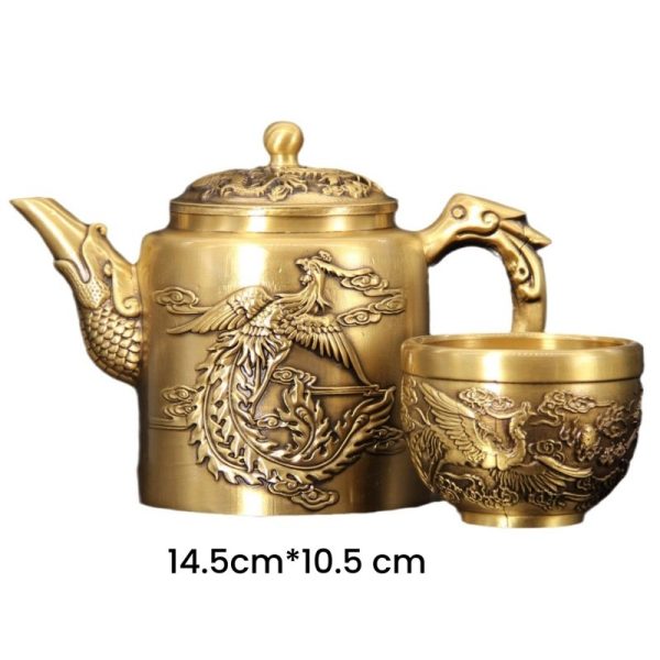 Luxurious Antique Brass Teapot with Embossed Dragon and Phoenix Lid for Sale