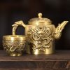 Luxurious Antique Brass Teapot with Embossed Dragon and Phoenix Lid for Sale