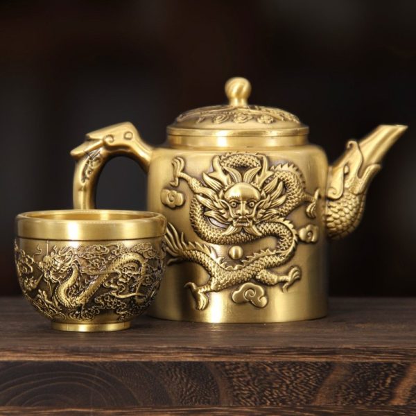 Luxurious Antique Brass Teapot with Embossed Dragon and Phoenix Lid for Sale