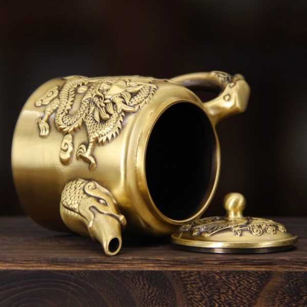 Luxurious Antique Brass Teapot with Embossed Dragon and Phoenix Lid for Sale