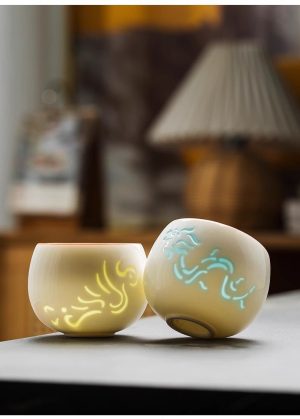Traditional White Ceramic Hollow Carving Simplified Chinese Dragon Gongfu Tea Cup