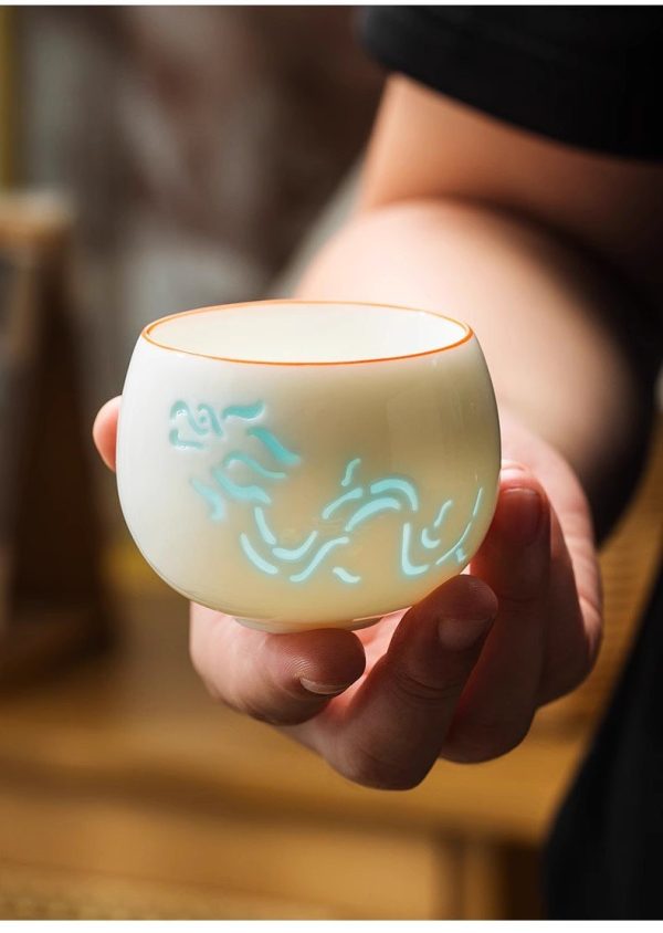 Traditional White Ceramic Hollow Carving Simplified Chinese Dragon Gongfu Tea Cup