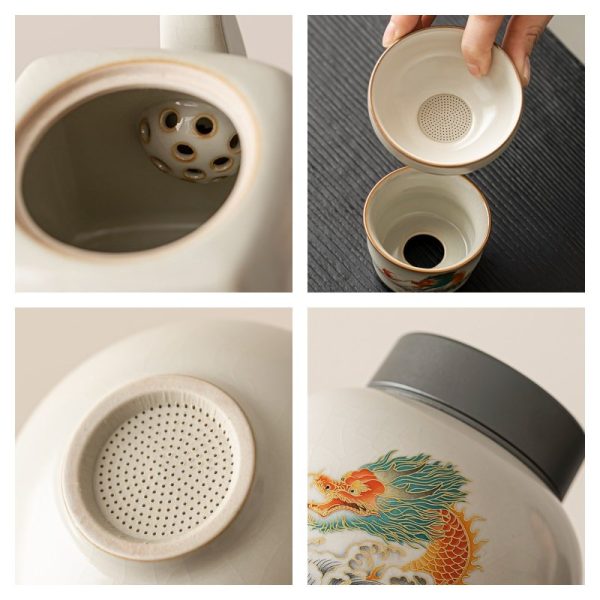 Elegant Ru Kiln Hand Painted Colored Dragon Theme Refined Chinese Ceramic Tea Ceremony Set