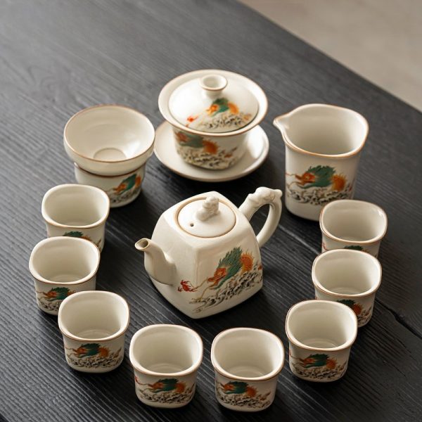 Elegant Ru Kiln Hand Painted Colored Dragon Theme Refined Chinese Ceramic Tea Ceremony Set