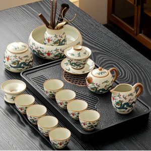 Two Dragons Playing with Pearls Ceramic Kung Fu Teaware Set with Tea Tray
