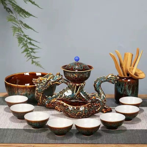 Blue Glaze  Kiln-turning Ceramic Dragon Themed Semi Automatic Lazy Tea Set