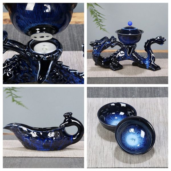 Blue Glaze  Kiln-turning Ceramic Dragon Themed Semi Automatic Lazy Tea Set