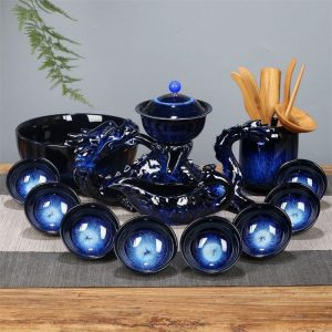 Blue Glaze  Kiln-turning Ceramic Dragon Themed Semi Automatic Lazy Tea Set
