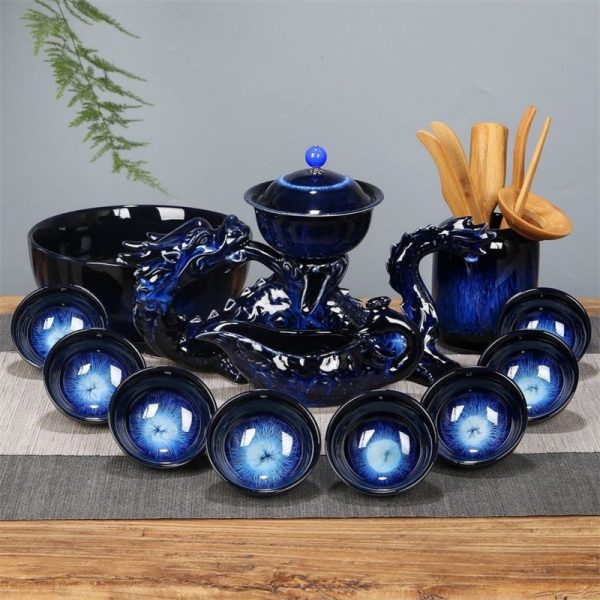 Blue Glaze  Kiln-turning Ceramic Dragon Themed Semi Automatic Lazy Tea Set