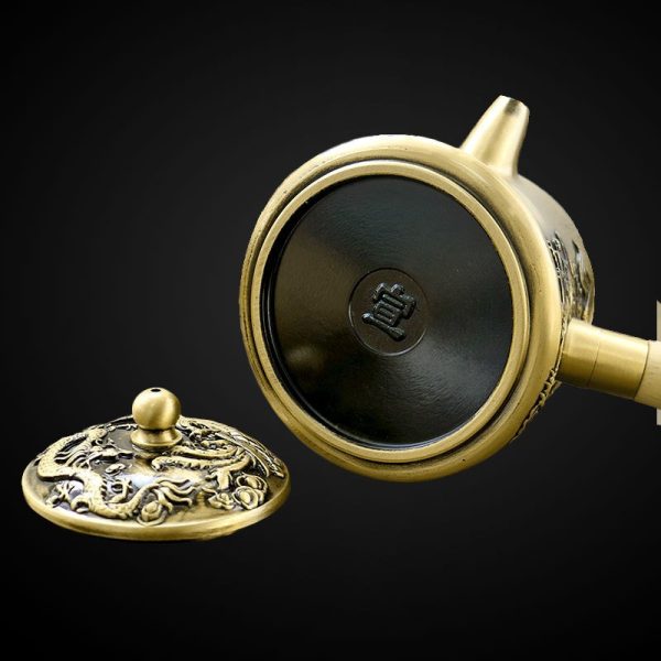 Small Handmade Brass Teapot with Dragon and Phoenix Design and Side Wooden Handle