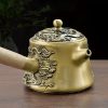 Small Handmade Brass Teapot with Dragon and Phoenix Design and Side Wooden Handle