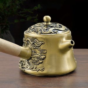 Small Handmade Brass Teapot with Dragon and Phoenix Design and Side Wooden Handle