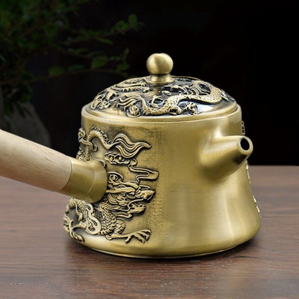 Small Handmade Brass Teapot with Dragon and Phoenix Design and Side Wooden Handle