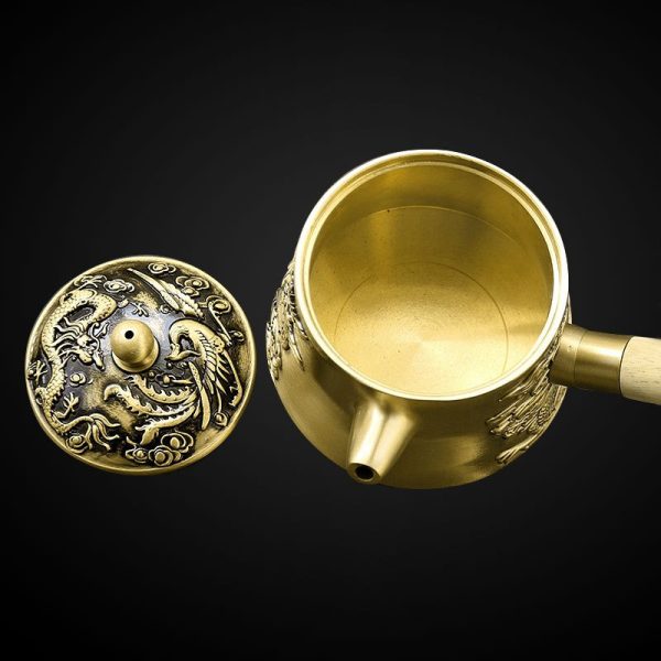 Small Handmade Brass Teapot with Dragon and Phoenix Design and Side Wooden Handle