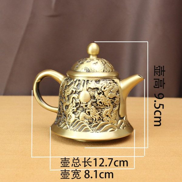 Small Handmade Brass Tea Kettle with Embossed Dragons and Pearls Theme