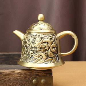 Small Handmade Brass Tea Kettle with Embossed Dragons and Pearls Theme