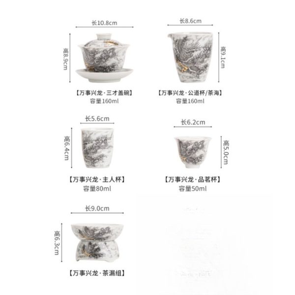 Luxurious Antique Traditional Elegant White Porcelain Chinese Tea Set with Black Dragon Design