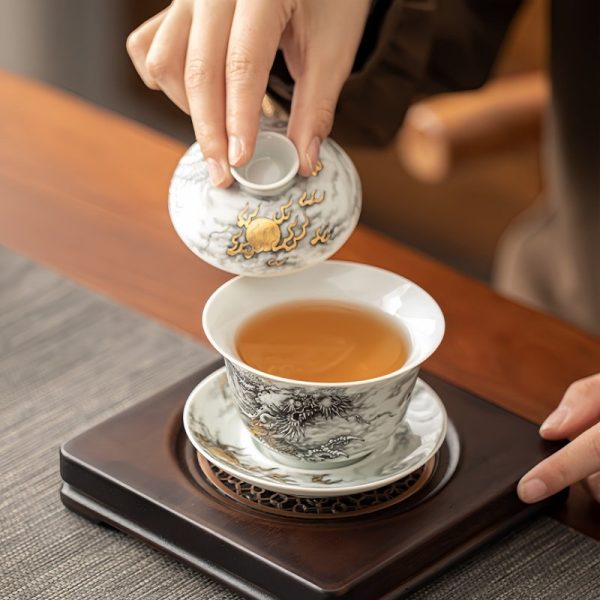 Luxurious Antique Traditional Elegant White Porcelain Chinese Tea Set with Black Dragon Design