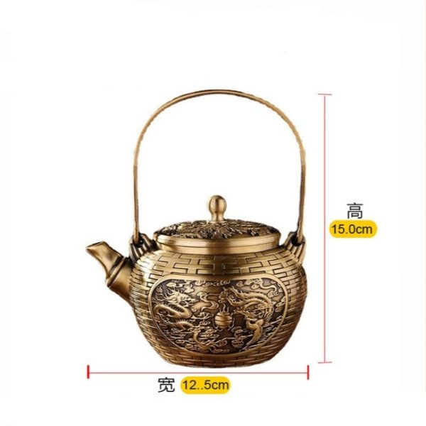 Traditional Luxurious Dragon and Phoenix Theme Weave Antique Brass Tea Kettle with Lifting