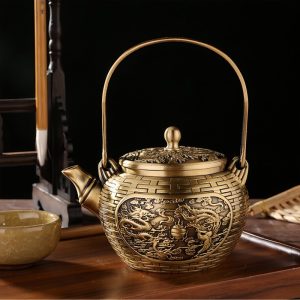 Traditional Luxurious Dragon and Phoenix Theme Weave Antique Brass Tea Kettle with Lifting