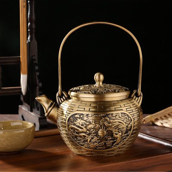 Traditional Luxurious Dragon and Phoenix Theme Weave Antique Brass Tea Kettle with Lifting