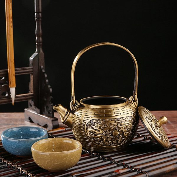 Traditional Luxurious Dragon and Phoenix Theme Weave Antique Brass Tea Kettle with Lifting