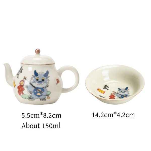 Vintage Porcelain Pear-Shaped Dragon Teapot Featuring Cute Cartoon Dragon Pattern
