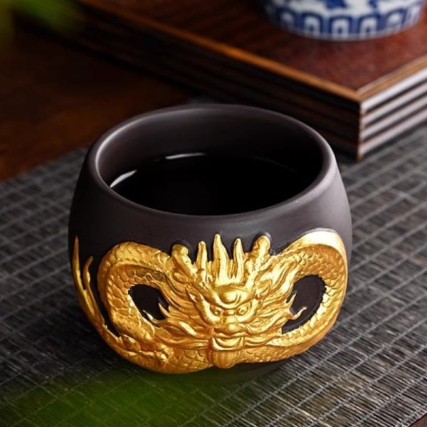 Inlaid Embossed Golden Dragon Yixing Clay Tea Cup