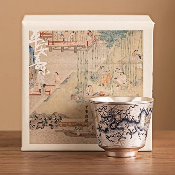 Sterling Silver Glaze Porcelain Hand Painted Chinese Dragon Tea Cup