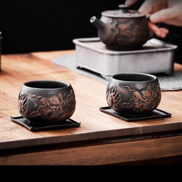 Authentic Hand-carved Embossed Chinese Dragon Jianshui Purple Pottery Tea Cup