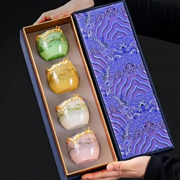 Elegant Landscape Painting Colored Glaze Inlaid Gold Dragon Tea Cup