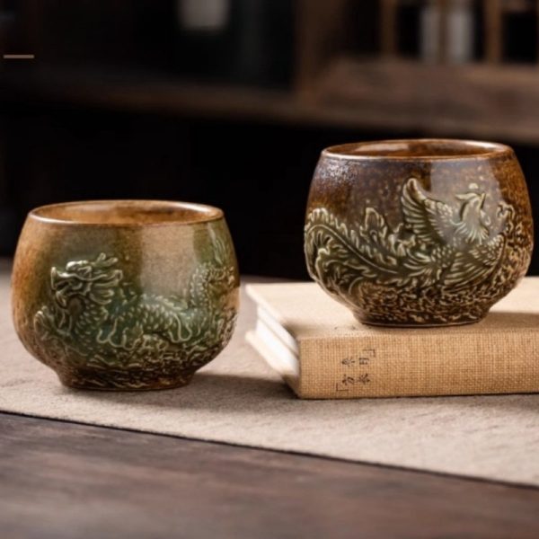 Chinese Year Of The Dragon Wood Fired Ash Glaze Carving Dragon Tea Cup