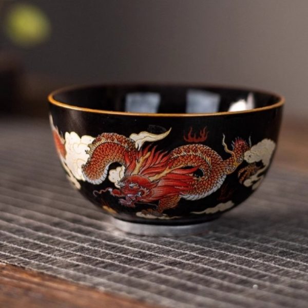 Year of The Dragon Elegant Black Glaze Hand Painted Red Dragon Chinese Ceramic Tea Cup