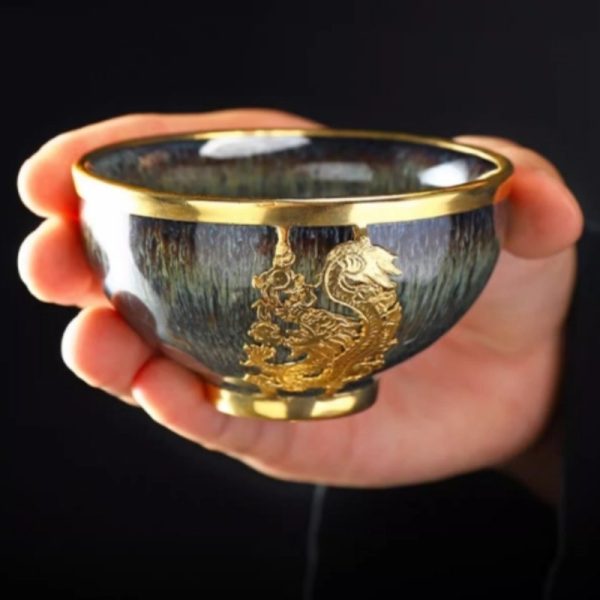 Inlaid Golden Dragon Tenmoku Jianzhan Ceramic Tea Cup
