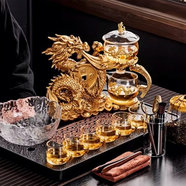 Vintage Luxury Lazy Glass Semi-Automatic Best Chinese Gold Dragon Gongfu Tea Cup Set