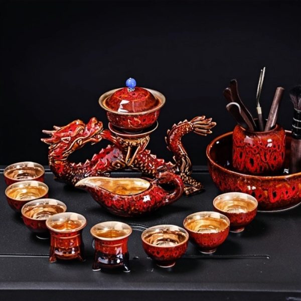 Handmade Antique Chinese Red Kiln Change Lazy Semi-Automatic Dragon Themed Porcelain Tea Set