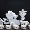 Graceful Vintage White Lazy Semi-Automatic Chinese Gilded Sculptural Dragon Porcelain Tea Cup Set