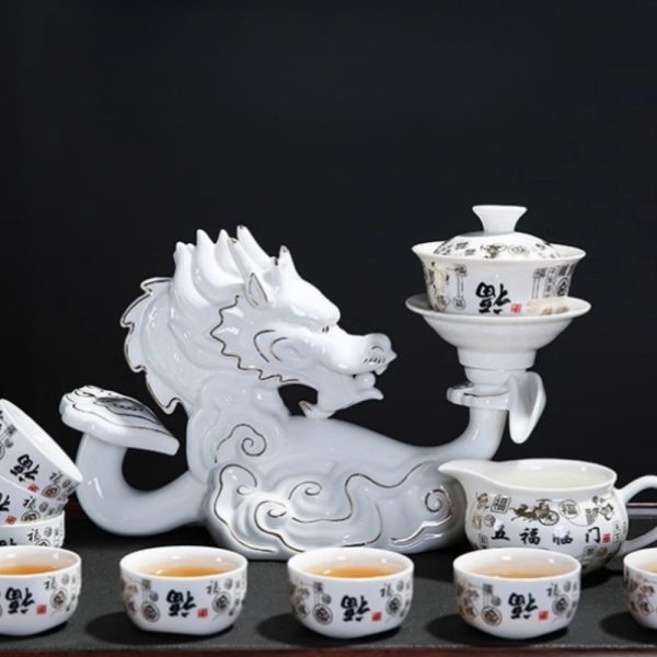 Graceful Vintage White Lazy Semi-Automatic Chinese Gilded Sculptural Dragon Porcelain Tea Cup Set