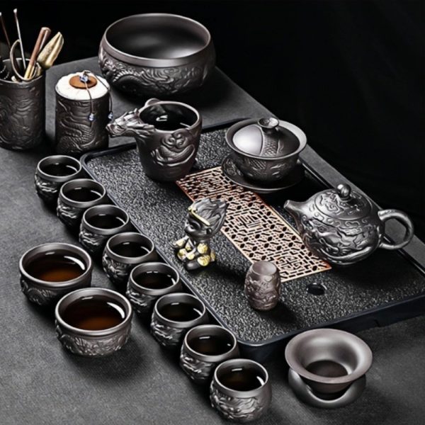 Authentic Yixing Purple Clay Year of the Dragon Gongfu Tea Set with Antique Chinese Dragon Carving