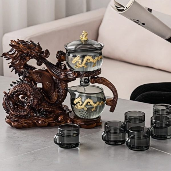 Antique Luxurious Year of the Dragon Semi-Automatic Glass Tea Set with Gold Dragon Design