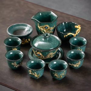 Luxury Vintage Chinese Green Ice Crackle Glaze Gongfu Tea Pot Set with Gold Inlaid Jade Dragon and Phoenix