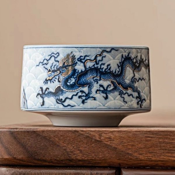 Vintage Blue and White Porcelain Dragon Inlaid with Gold Wire Gongfu Tea Cup