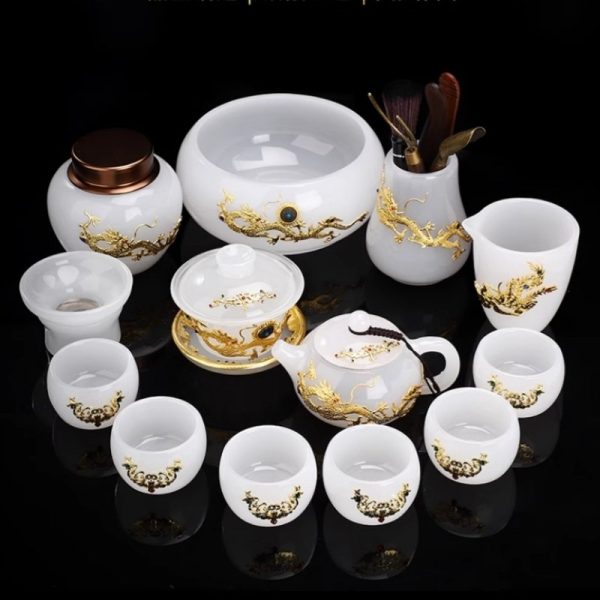 Antique Chinese Colored Glaze Gongfu Tea Set with Gold Inlaid White Jade Dragon and Phoenix Design