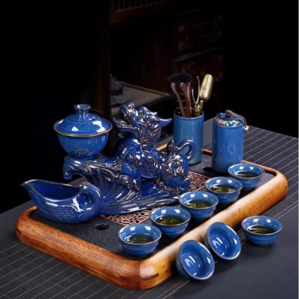 Traditional Chinese Antique Blue Dragon Phoenix Porcelain Gongfu Tea Set with Lazy Semi-Automatic Design