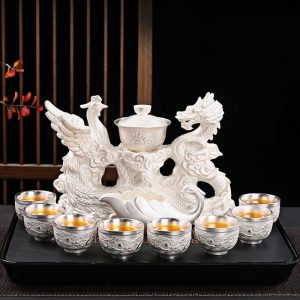 Majestic Chinese Handmade Ceramic Gongfu Tea Cup Set with Silver Dragon Phoenix Lazy Semi-Automatic Design