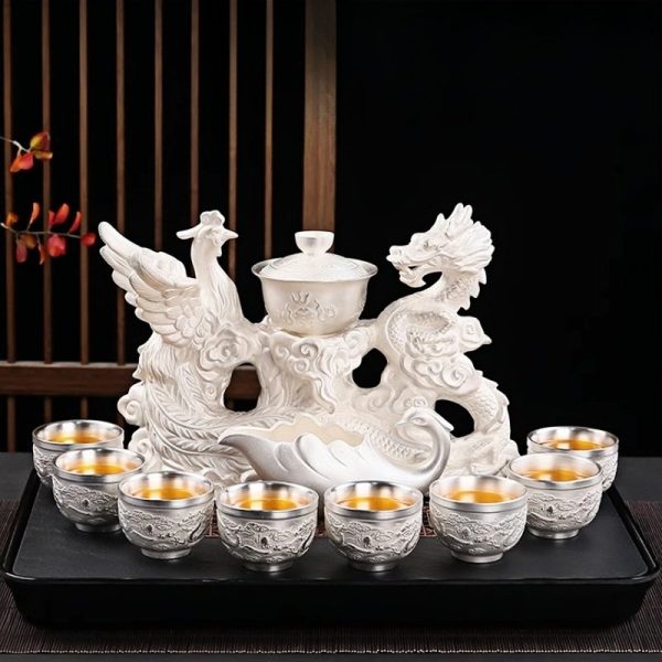 Vintage Chinese Silver Dragon Lazy Semi-Automatic Handmade Gongfu Tea Cup Set For Sale