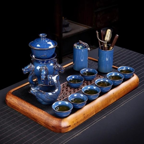 Exquisite Chinese Vintage Blue Majestic Five Dragon Head Kungfu Tea Sets Lazy Semi-Automatic
