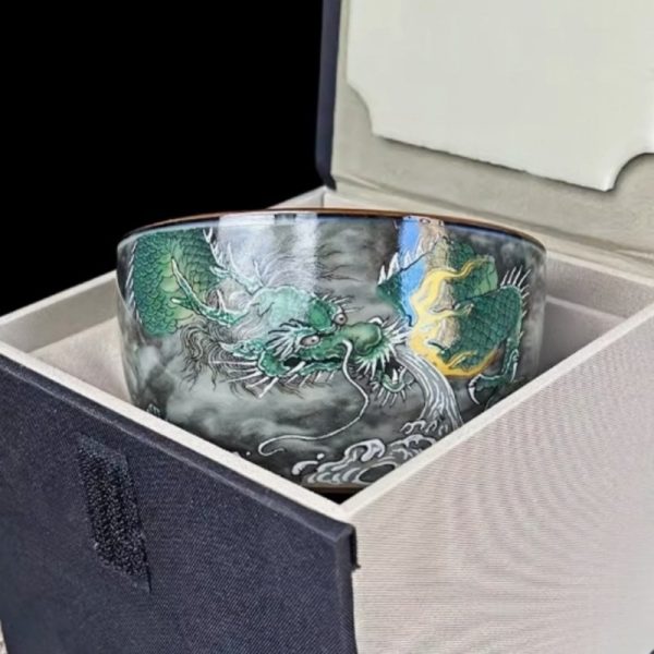 Hand Drawn Porcelain Ink Color Green Dragon Kung Fu Tea Cup