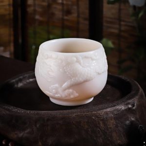 High-transmittance Ice Jade Porcelain Kung Fu Tea Cup with Embossed Flying Dragon